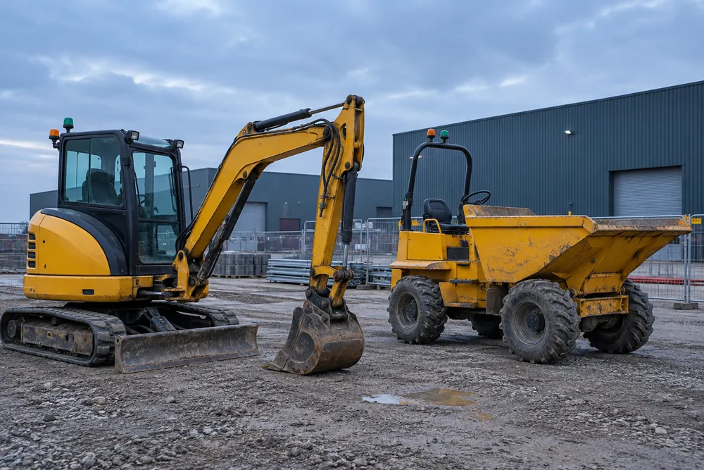 Excavator and dumper in a segregated industrial construction compound